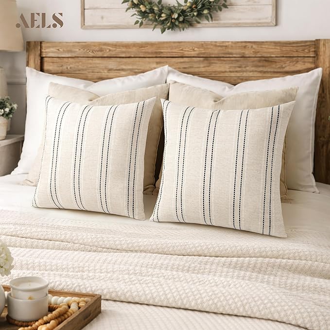 AELS 22x22 Decorative Farmhouse Linen Blend Throw Pillow Covers, Boho Textured Pillow Case, Set of 2, Beige with White & Black Stitch Yarn Dyed Stripe Cushion Cover for Sofa Living Room (Cover ONLY)