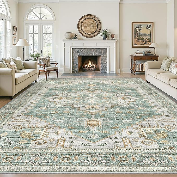 Area Rugs for Living Room - 9x12, Boho Non-Slip Low Pile Carpet Machine Washable Rugs for Bedroom, Farmhouse, Office, Dining Room (Green)