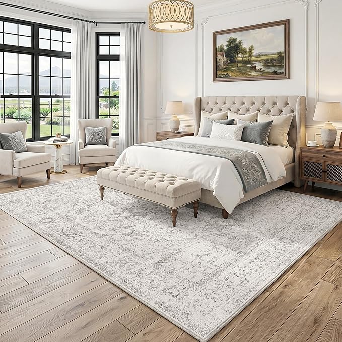 Fmfunctex 8x10 Washable Area Rug Grey Vintage Neutral Distressed Oriental Large Non Slip Carpet for Living Room Bedroom Soft Low Pile Indoor Gray Retro Throw Rug for Dining Room Kitchen Office Nursery