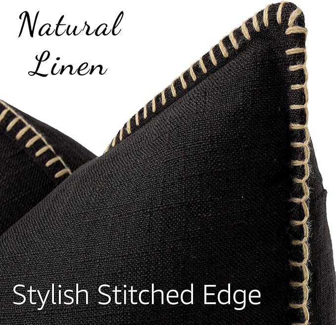 decorUhome Summer Decorative Throw Pillow Covers 24x24 Set of 2 Square Faux Linen Outdoor Neutral Farmhouse Euro Sham Pillow Covers with Stitched Edge for Couch Sofa Living Room, Black