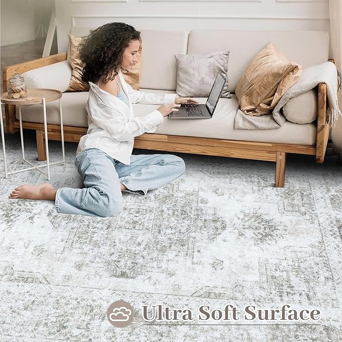 XLUEZ Area Rug 9x12 Living Room Rug, Machine Washable Vintage Distressed Medallion Rug Non-Slip Soft Low Pile Large Indoor Rugs for Bedroom Kitchen Dining Room Office(Taupe,9'x12')