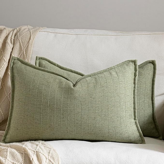 DEZENE 12x20 Linen Pillow Covers Sage Green Pack of 2 Farmhouse Boho Neutral Accents Striped Textured Rectangular Lumbar Decorative Throw Pillow Cases for Living Room Couch Bed Home Decor