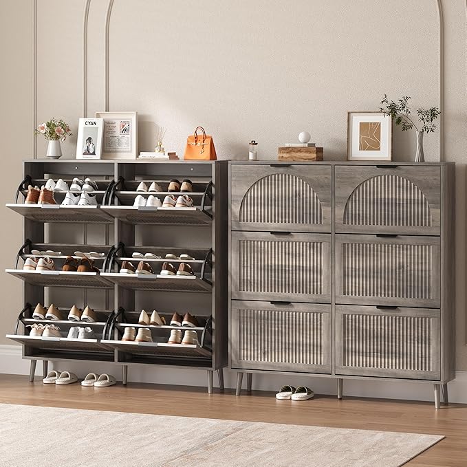BORNOON Shoe Cabinet for Entryway with 6 Flip Drawers, Slim Wooden Shoe Storage Organizer with Modern Fluted Pannel，Freestanding Narrow Hidden Shoe Rack for Hallway, Foyer, Living Room
