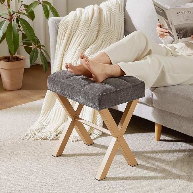 Royal Windsor Vanity Stool,Square Ottoman Stool Foot Rest,Upholstered Vanity Chair Foot Stool with Metal X Legs, Small Vanity seat for Entryway,Bedroom and Living Room,Dark Grey+Yellow