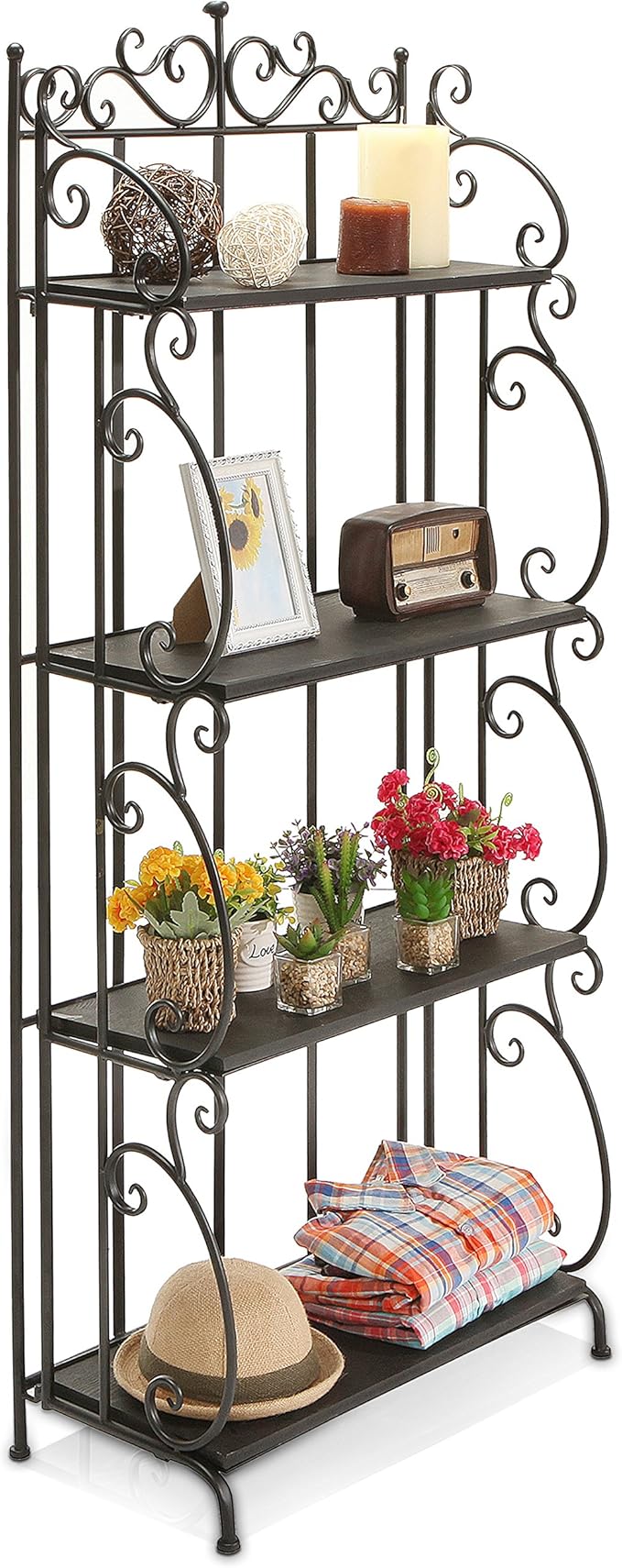 MyGift Black Metal Freestanding Shelf Rack, Decorative Bakers Rack Bookshelf Storage Shelf Unit with Metal Scrollwork Frame, Indoor Plant Pot Display Stand with 4 Wood Shelves