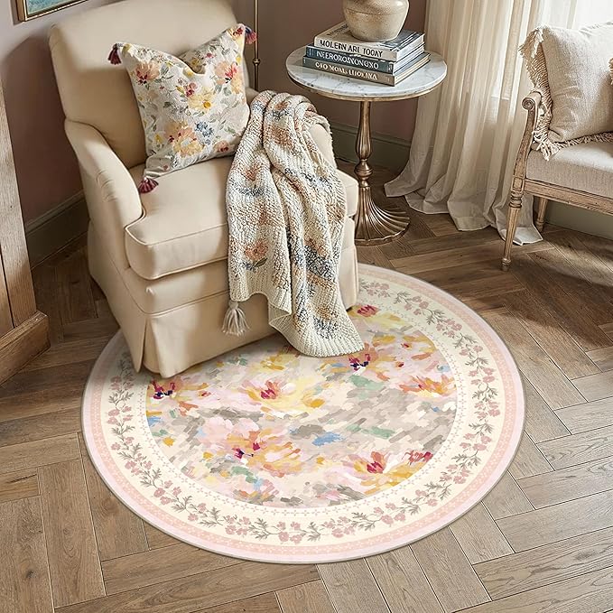 3x3 Washable Area Rug for Entryway Beige Pink Floral Abstract Soft Throw Rug Modern Non Slip Low Pile Small Carpet for Kitchen Bathroom Living Room Bedroom
