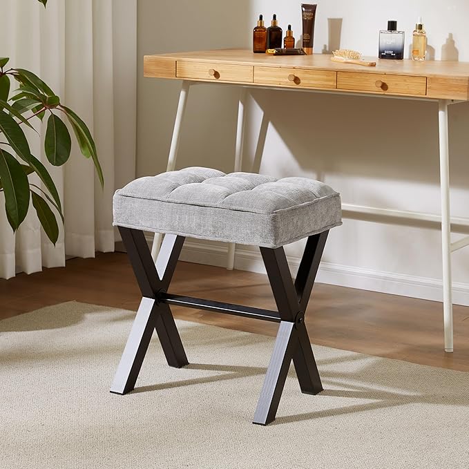 Royal Windsor Vanity Stool,Square Ottoman Stool Foot Rest,Upholstered Vanity Chair Foot Stool with Metal X Legs, Small Vanity seat for Entryway,Bedroom and Living Room,Linen Light Grey