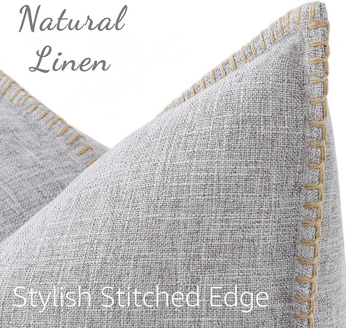decorUhome Summer Decorative Throw Pillow Covers 16x16 Set of 2 Square Faux Linen Outdoor Neutral Farmhouse Pillow Covers with Stitched Edge for Couch Sofa Living Room, Light Grey