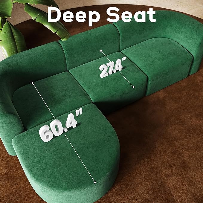 116" Modular Sectional Couches with Ottoman, Luxury Modern Curved Back Sofa, Minimalist Style Oversized 4 Seat Deep Comfy Convertible L Shape Boneless Couch for Living Room Studio Apartment, Green