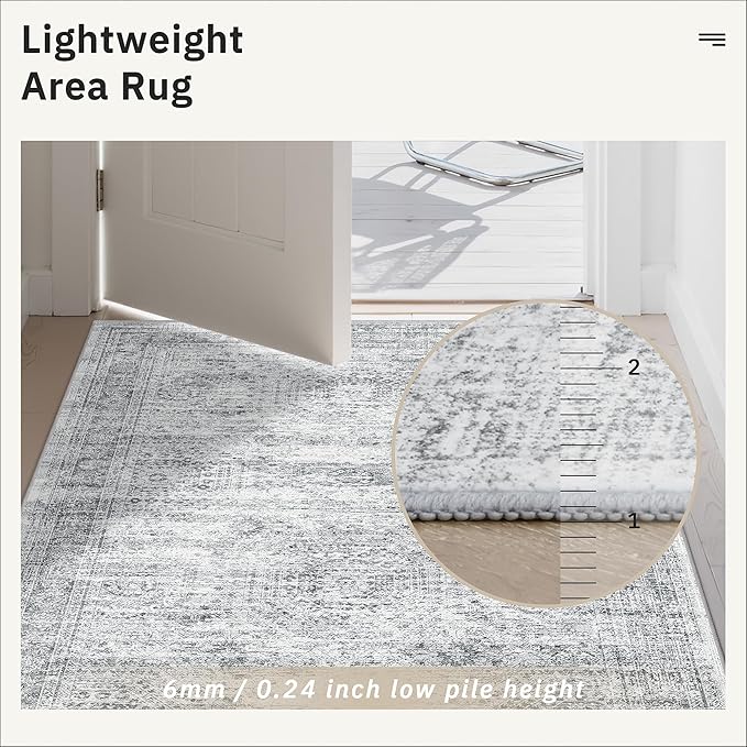 Soalmost Runner Rug 2'6" x 10' Washable Non-Slip Runner Rugs for Kitchen Bathroom Laundry Room Vintage Ultra Thin Runners for Hallway Entryway Grey