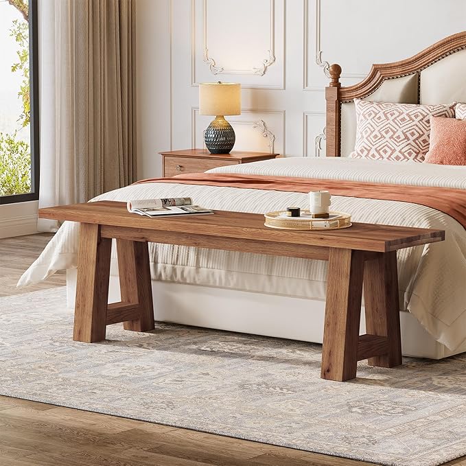 55" Solid Wood Entryway Bench, Farmhouse Long Wood Bench Dining Seat for Living Room, Dining Room, Hallway, Rustic Brown