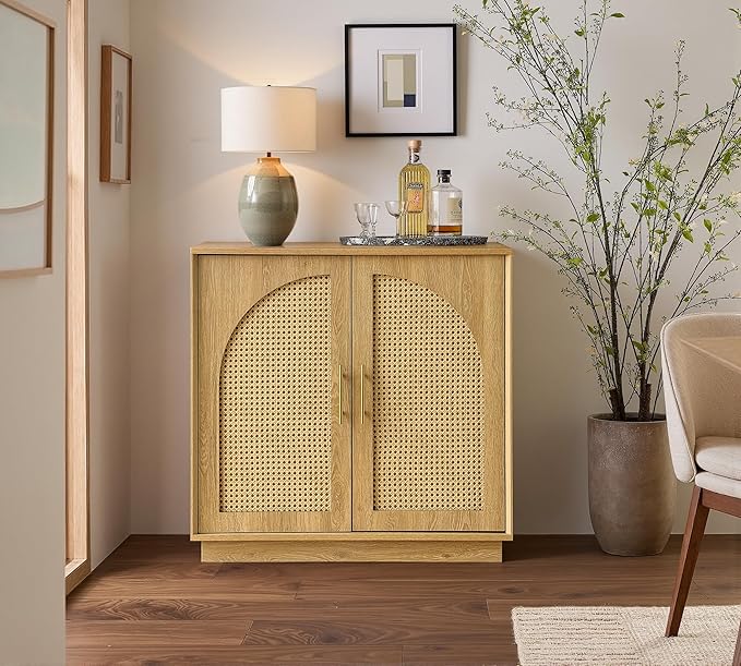 FORTUNETEC Sideboard Buffet Cabinet with Storage, 31.5" Modern Accent Cabinet with Rattan Arched Doors, Modular Media Console, Boho Credenza for Living Room Kitchen Dining Room Entryway, Oak