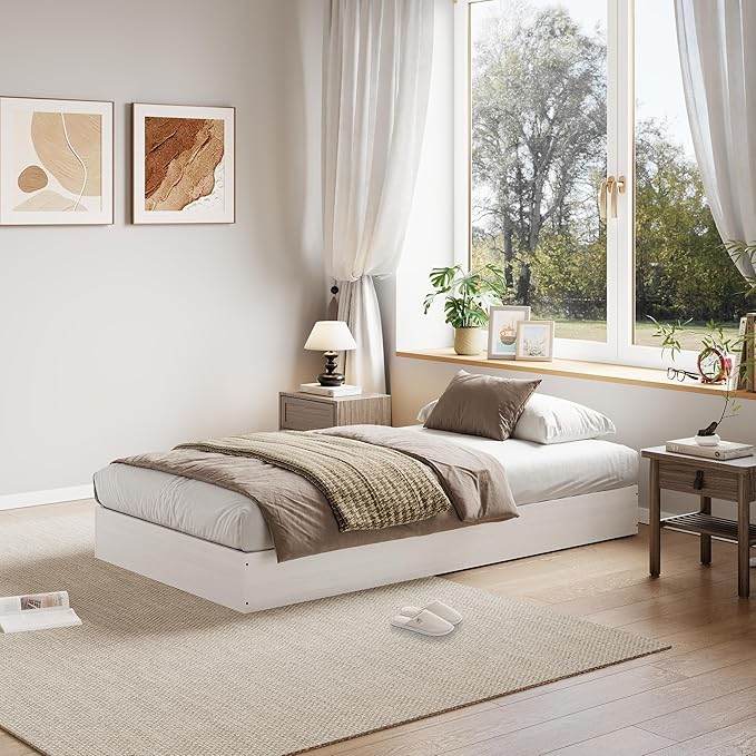 Wood Platform Bed with Sturdy Wooden Slats, Twin XL Floor-Standing Bed Frame, Modern Minimalist Design Space-Saving Bed Frame, No Box Spring Needed, Easy Assembly, White