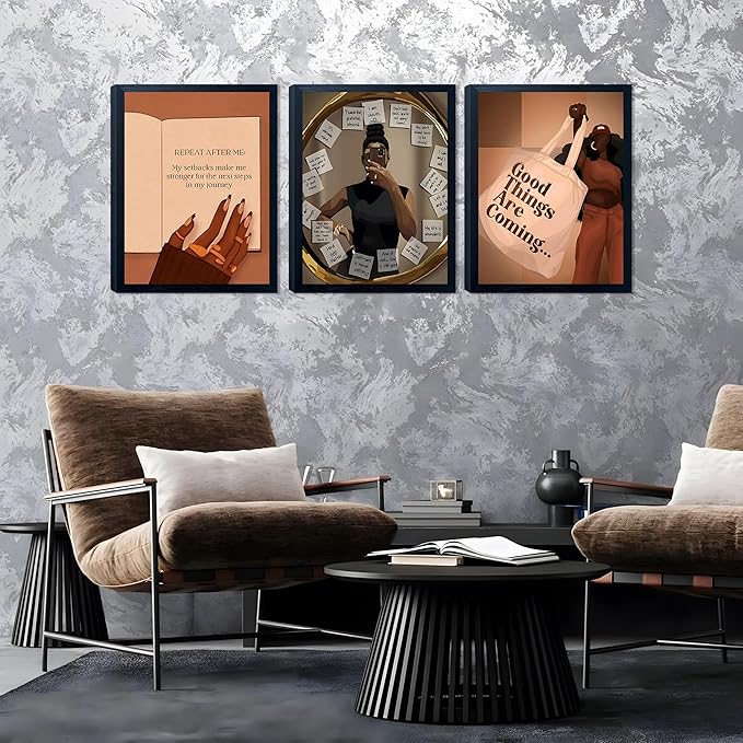 Yudinbin 3pcs Black Girl Poster African American Wall Art Decor Paintings Fashion Abstract Black Woman Poster Canvas Prints Pictures for Living Room Bedroom 12x16 inch Unframed