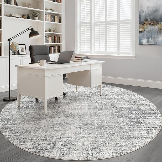 6ft Round Rug Living Room: 6x6 Washable Large Neutral Grey Circle Area Rug Abstract Soft Modern Stain Resistant Indoor Floor Non-Slip Carpet for Bedroom Nursery Kids Office Playroom Dining Room