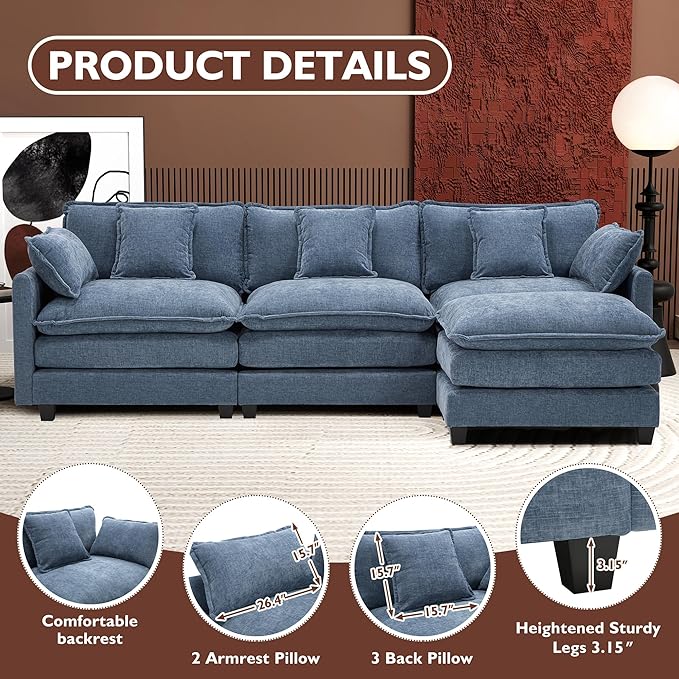 Ihanherry 111.4" L Shaped Cloud Sofa with Ottoman Modular Sectional Modern Couch, 4-Seat Chenille Deep Seat Sofa with Pillow for Living Room, Bedroom and Apartment, Blue