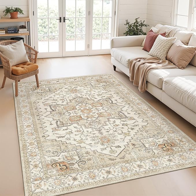 Area Rugs for Living Room - 3x5, Boho Non-Slip Low Pile Carpet Machine Washable Rugs for Bedroom, Farmhouse, Office, Dining Room (Gold)