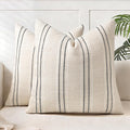 AELS 18x18 Decorative Farmhouse Linen Blend Throw Pillow Covers, Boho Textured Pillow Case, Set of 2, Beige with White & Black Stitch Yarn Dyed Stripe Cushion Cover for Sofa Living Room (Cover O