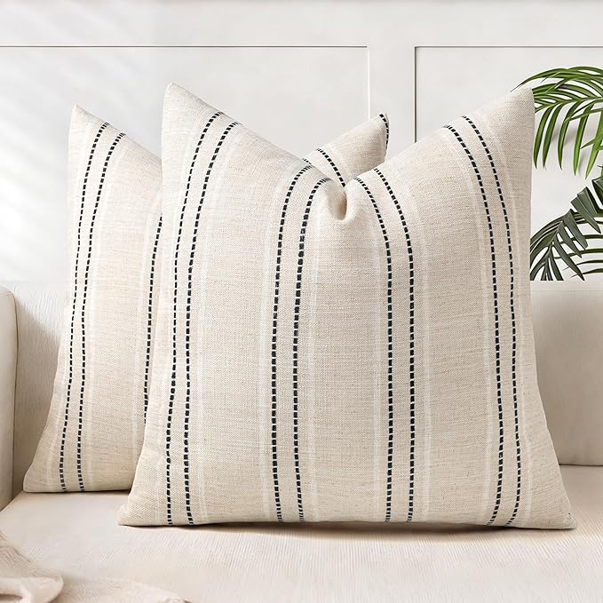 AELS 18x18 Decorative Farmhouse Linen Blend Throw Pillow Covers, Boho Textured Pillow Case, Set of 2, Beige with White & Black Stitch Yarn Dyed Stripe Cushion Cover for Sofa Living Room (Cover O