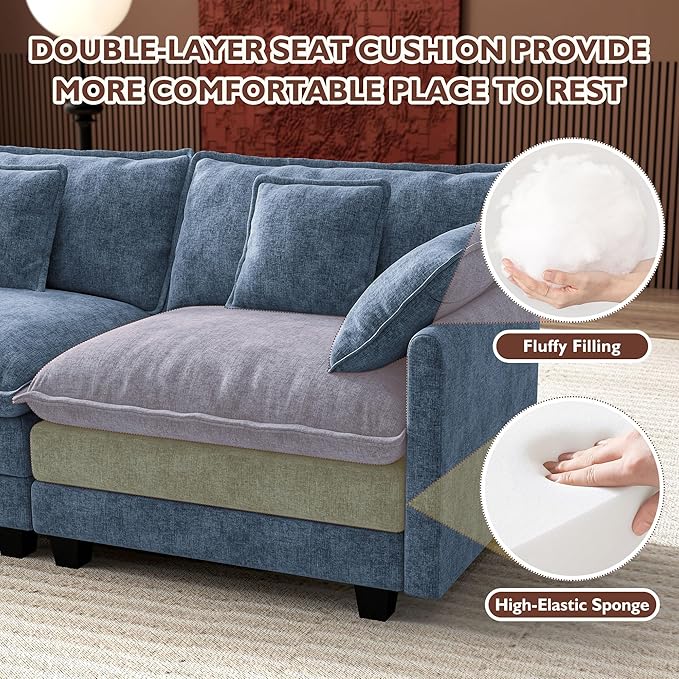 Ihanherry 114" V-Shaped Modern Sofa Modular Sectional Cloud Couch with Corner Section, 5-Seat Chenille Deep Seat Sofa with 5 Pillows for Living Room, Bedroom and Apartment, Blue