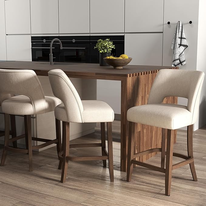 VKNOW Bar Stools Set of 2, 26" Upholstered Counter Height Bar Stools, Modern Counter Stools with Wood Legs for Kitchen Island Dining Room Bar, Beige
