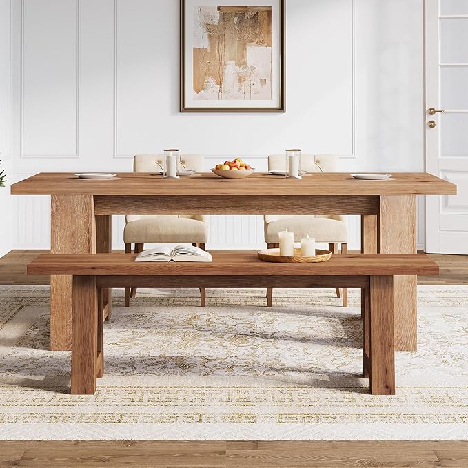Solid Wood Dining Bench Pair of 2, 55.12-Inch Farmhouse Entryway Bench Indoor for Hallway, Kitchen, Dining Room, Living Room (Brown)