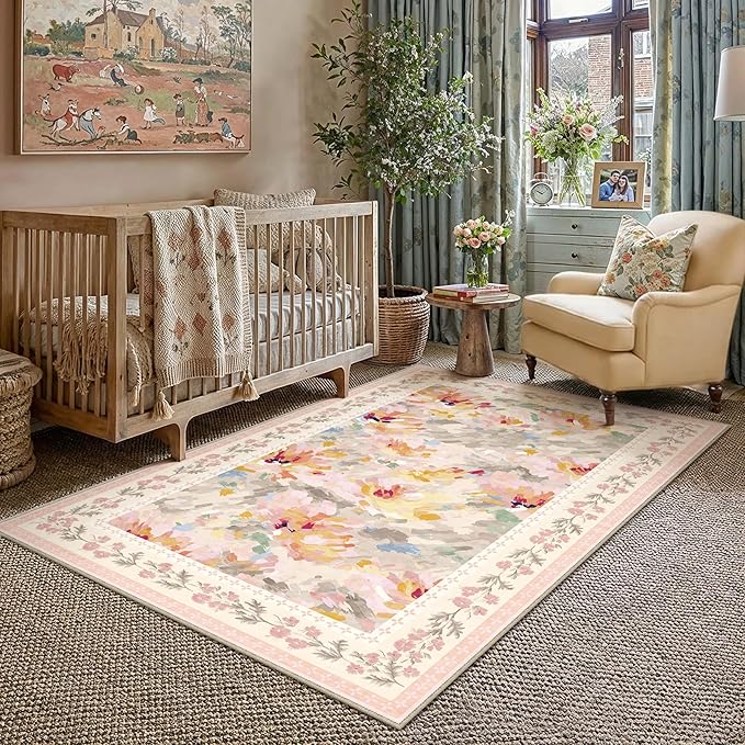 3x5 Washable Area Rug for Entryway Beige Pink Floral Abstract Soft Throw Rug Modern Non Slip Low Pile Small Carpet for Kitchen Bathroom Living Room Bedroom