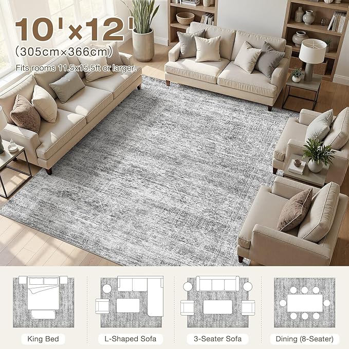 cotiled Large Area Rugs for Living Room 10x12, Machine Washable Rugs with Non Slip Backing Modern Neutral Abstract Rugs Stain Resistant Distressed Carpets for Home Decor (10x12 Dark Grey)