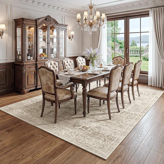 FMFUNCTEX 6x9 Washable Area Rug Brown Vintage Neutral Distressed Oriental Large Non Slip Carpet for Living Room Bedroom Soft Low Pile Indoor Mat Retro Throw Rug for Dining Room Kitchen Office Nursery