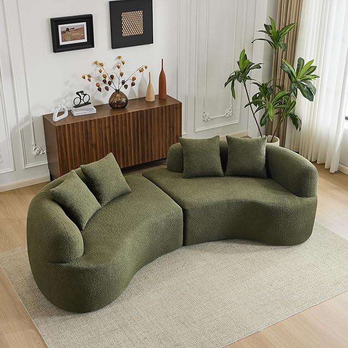 106.7" Modern Curved Oversized Sectional Sofa, Minimalist Modular Cloud Couch with 4 Throw Pillows, Luxury 4-Seater Extra Deep & Wide Seat Sofa in Soft Teddy Fabric, Olive Green