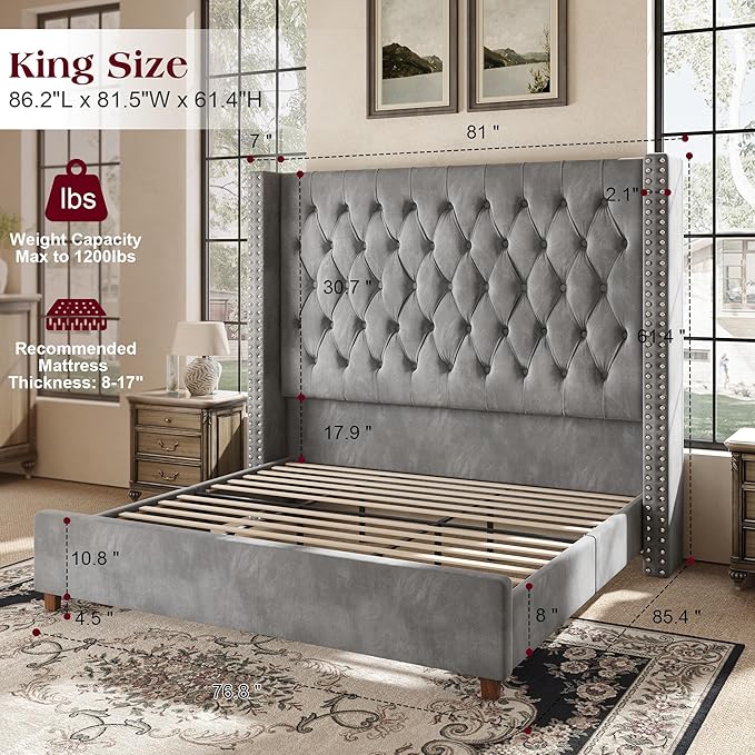 PaPaJet King Size Bed Frame with 61.4" Tall Headboard, Velvet Upholstered Platform and Handmade Deep Button Tufting, No Box Spring Required, Grey