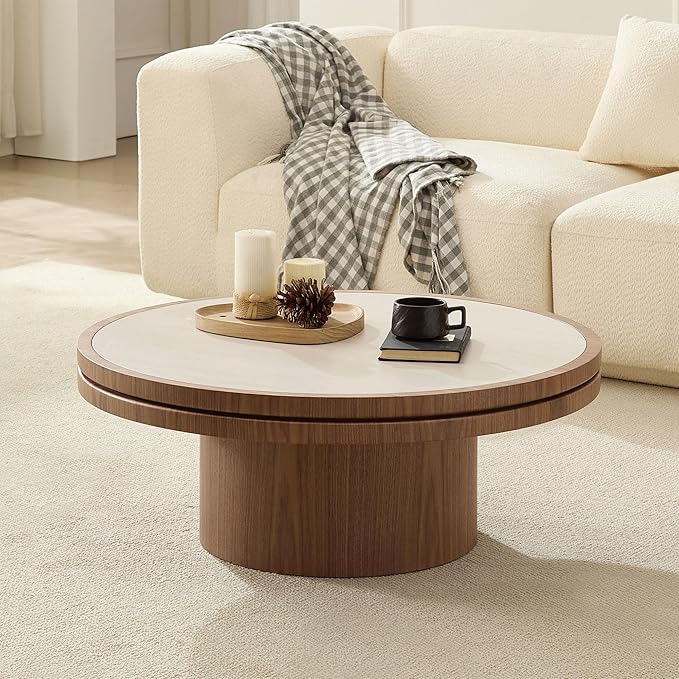 35.43" Farmhouse Round Coffee Table with Sintered Stone Tabletop, Sturdy Wood MDF Pedestal Coffee Tables for Living Room, Modern Circle Center Tea Table for Apartment, Office Bedroom Walnut