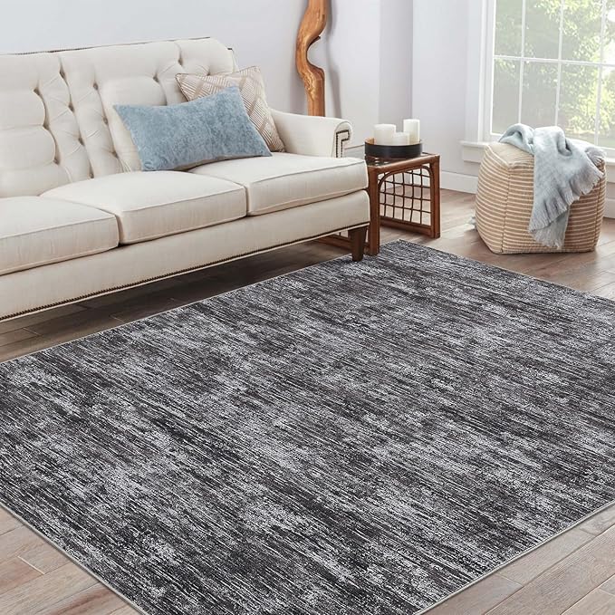 RUGSREAL Living Room Area Rug 9x12 Machine Washable Rug Non-Slip Stain Resistant Modern Abstract Bedroom Rug Contemporary Accent Floor Carpet for Dining Room Solid Area Rug for Home Office, Dark Grey
