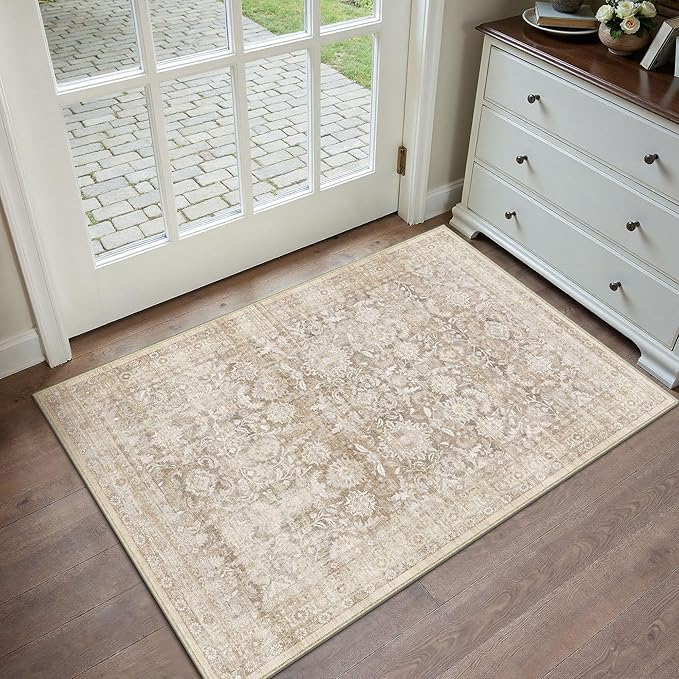 2x3 Beige Washable Neutral Area Rug for Entryway Non Slip Soft Thin Throw Rug Floral Durable Low Pile Carpet Modern Stain Resistant Door Mat for Living Room Laundry Kitchen Office Playroom