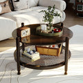 NSdirect 32" Round Coffee Table for Living Room, 2-Tier Solid Wood Center Table for Home Decor with Boho Woven Rattan Storage Shelf | Modern Farmhouse Design, Easy Assembly, Black Brown