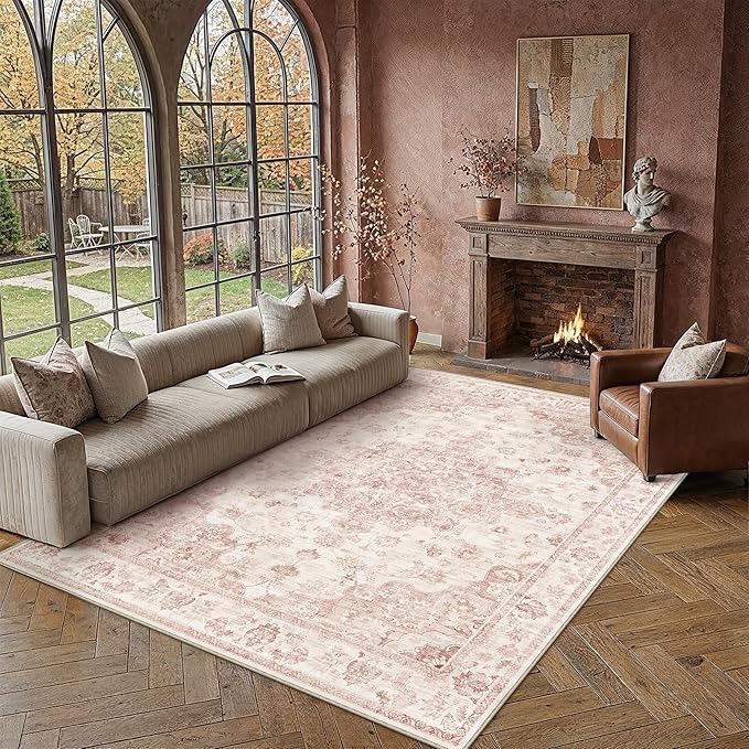 8x10 Washable Neutral Area Rug Pink Vintage Living Room Bedroom Carpet Non-Slip Soft Low Pile Farmhouse Indoor Large Throw Rug for Dining Room Office