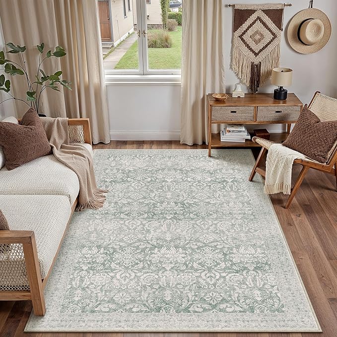 PureCozy Washable Rug 3x5, Entryway Green Indoor Non Slip Small Low Plie Thin Bedroom Kitchen Area Rugs Retro Accent Throw Office Vintage Carpet for Nursery Under Coffee Table