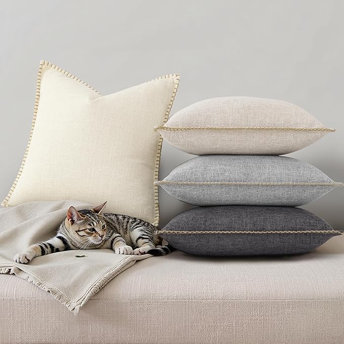 decorUhome Summer Decorative Throw Pillow Covers 12x20 Set of 2 Lumbar Faux Linen Farmhouse Pillow Covers with Stitched Edge Outdoor Neutral Pillow Covers for Couch Sofa Living Room, Dark Grey