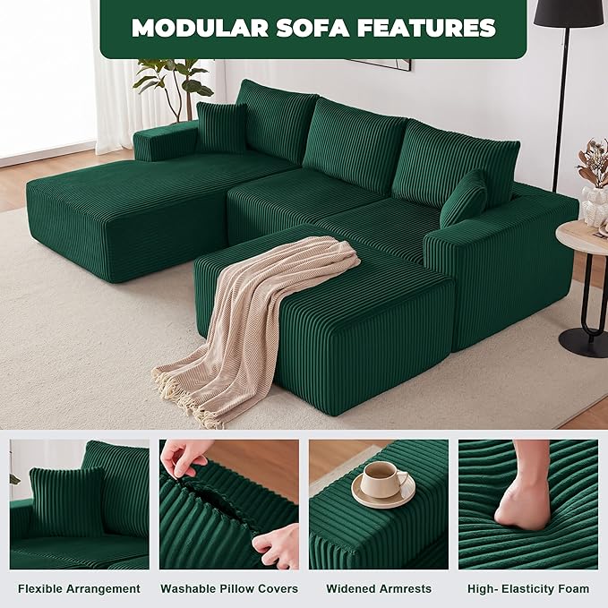 Weture 108” Modular Sectional Couches, Modern Modular U-Shape Sofa with Chaise, Cloud Sectional Couch with Deep Seat, Upholstered Boneless Sofa for Living Room (5 Seat, Green)
