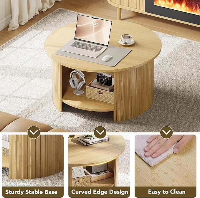 Round Coffee Table with Storage, 31.5" Modern Fluted Center Table, 2-Tier Mid Century Coffee Table, Wood Circle Table for Living Room, Home Office, Small Space, Oak