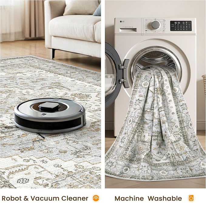 befbee Washable Rugs 10x14 Area Rugs for Living Room,Rugs for Bedroom,Ultra Soft Living Room Bedroom Large Carpe,Low Pile Vintage Print Rug for Home Office Decor (10'x 14',Blue＆Beige)