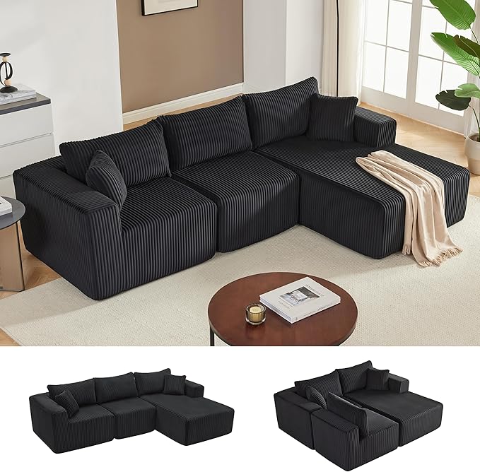 Weture 97" Modular Sectional Sofa, L-Shaped Boneless Couch with Deep Seat, Cozy Cloud Couch Sectional with Convertible Ottoman, Modern Sectional Couches for Living Room（ Black）