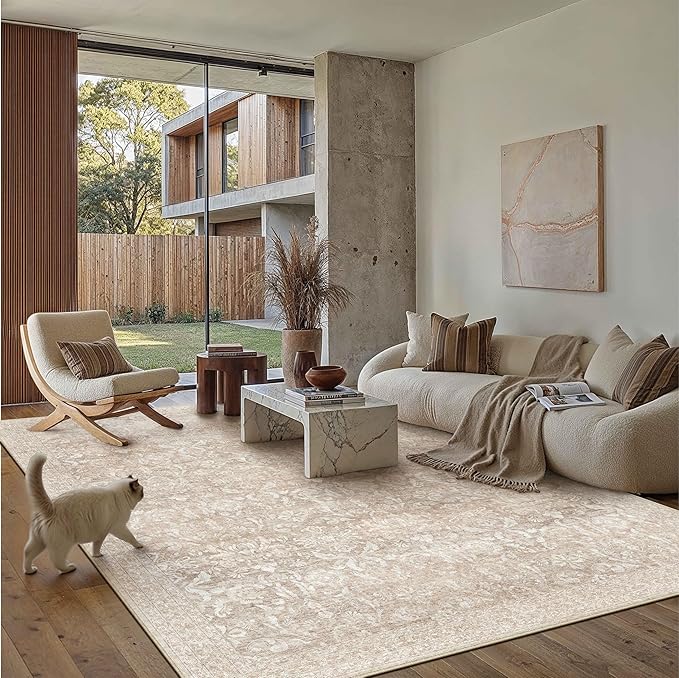 PureCozy 8x10 Area Rugs Washable Beige Living Room Bedroom Vintage Carpet Indoor Large Non Slip Soft Low Pile Thin Rug Retro Accent Office Dining Room Home Office Rug