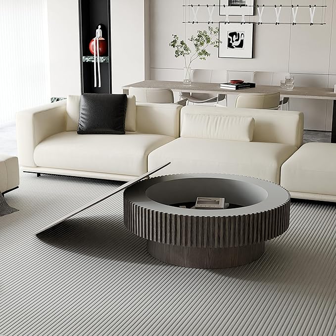 39.37'' Round Coffee Table with Storage, Solid Wood Veneered Modern Drum Coffee Table Accent Tea Table for Living Room, Bedroom, Apartment or Office-Gray