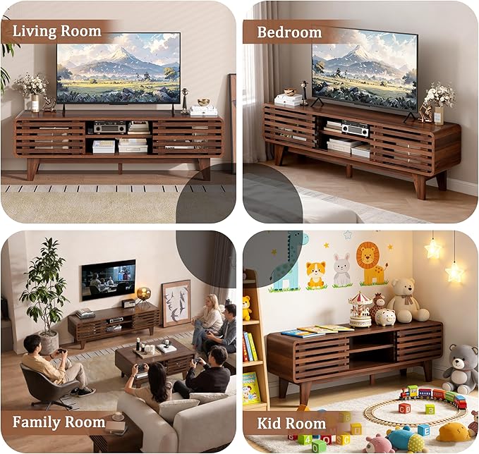 Luoxiao 55" Mid Century Modern TV Stand for 55 60 65 Inch TV, Walnut Media Console with Slatted Sliding Doors, Retro Wood Entertainment Center with Storage Shelves for Living Room, Bedroom