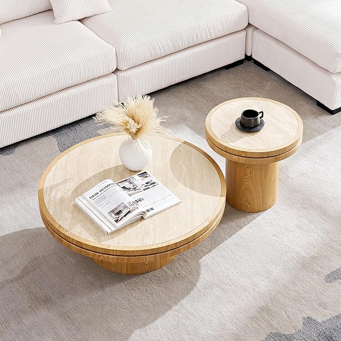 35.43" Farmhouse Round Coffee Table with Sintered Stone Tabletop, Sturdy Wood MDF Pedestal Coffee Tables for Living Room, Modern Circle Center Tea Table for Apartment, Office Bedroom Natural