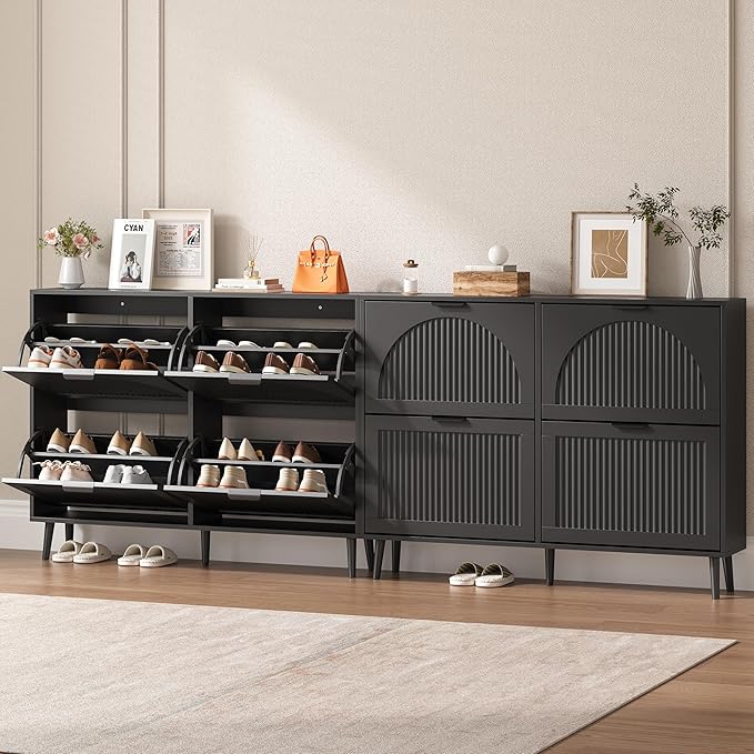 BORNOON Shoe Cabinet for Entryway with 4 Flip Drawers, Slim Wooden Shoe Storage Organizer with Modern Fluted Pannel，Freestanding Narrow Hidden Shoe Rack for Hallway, Foyer, Living Room