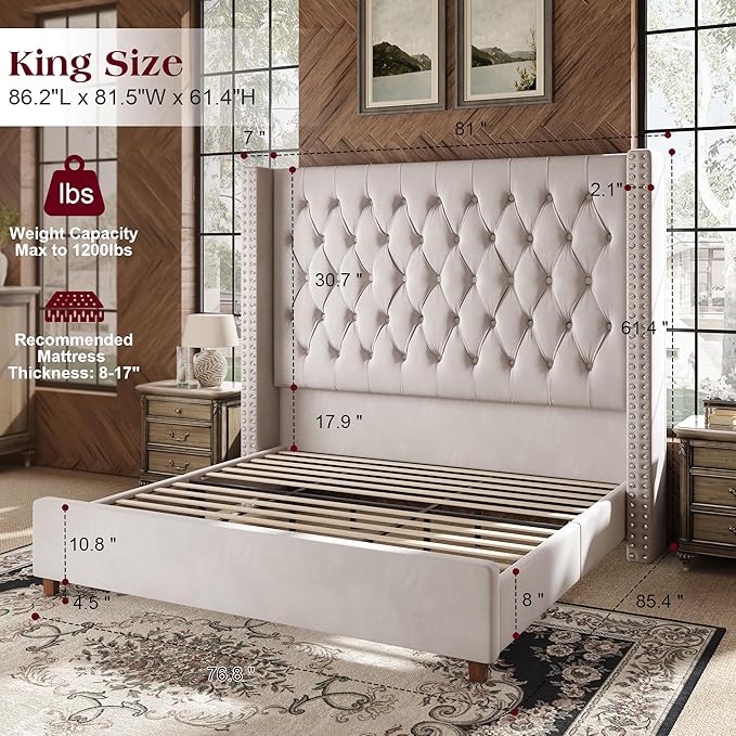 PaPaJet King Size Bed Frame with 61.4" Tall Headboard, Velvet Upholstered Platform and Handmade Deep Button Tufting, No Box Spring Required, Cream