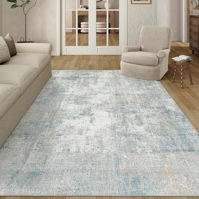 6x9 Washable Area Rug Blue Cream Abstract Non Slip Soft Low Pile Rug for Living Room Bedroom Dining Room Office Neutral Modern Indoor Throw Carpet for Home Decor