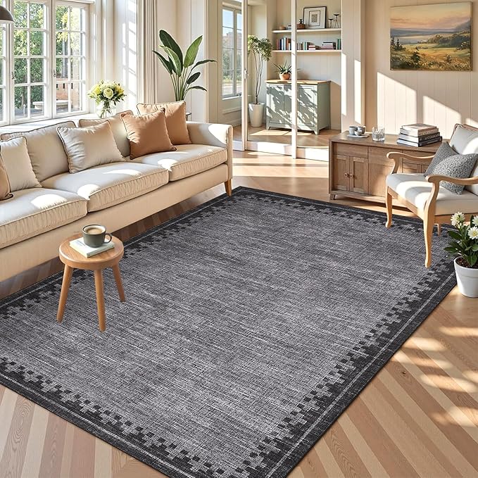 GarveeHome Large Area Rug10x13 Washable Modern Bordered Large Carpet for Living Room Bedroom Geometric Non Slip Stain Resistant Low Pile Dining Room Home Office Rugs, Grey